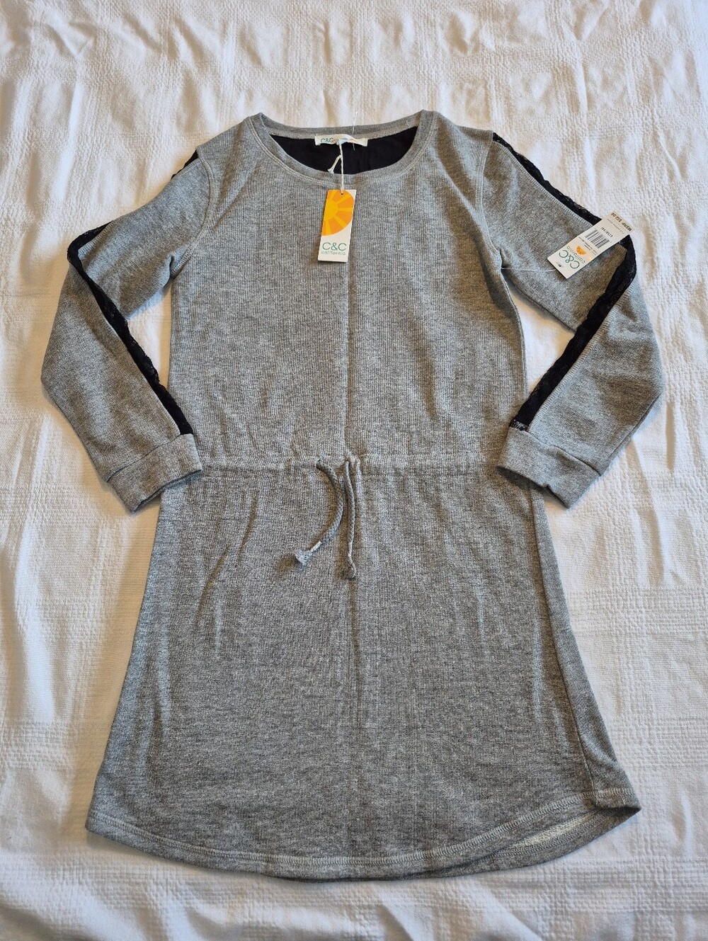 C & C California girls size L 12/14 gray sweartshirt dress lace on sleeve NWT